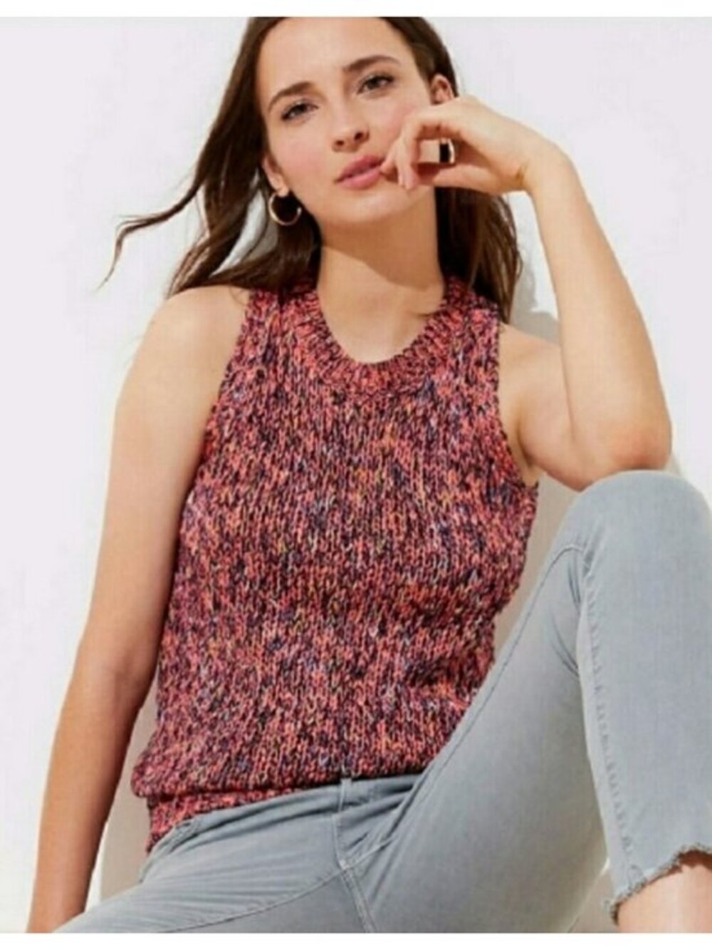 LOFT Chunky Cotton Knit Sweater Tank Pink Marled Sleeveless Pullover Top Size S